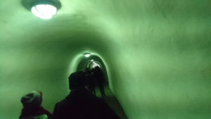 Das ist ein Tunnel mit vielen Menschen, er führt hinaus aus dem Berg unter dem Schloss Neuschwanstein